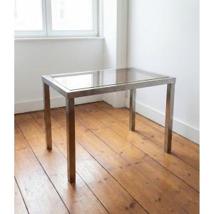 Side Table / End Table In Brushed Steel And Brass – Attributed To Guy Lefèvre (maison Jan