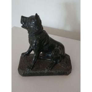 Bronze (or Spelter) Sculpture Of A Guard Dog With A Black Patina - Late 19th / Early 20th Century