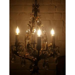 Italian Romantic Baroque Chandelier With Plant Decor And Tassels Circa 1960...