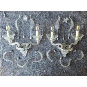 Pair Of Colorless Murano Glass Wall Lights Circa 1960/70