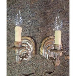Antique Small Pair Of Italian Wall Sconces In Polychrome Carved Wood And Wrought Iron