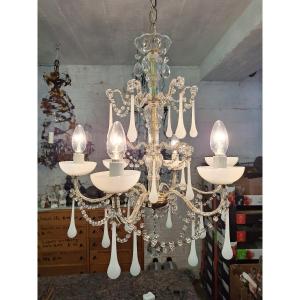Italian Baroque-romantic Double-pearl And White Opaline Light Fixture Circa 1970