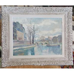 Oil On Canvas "view Of The Pont Marie" 19th Century