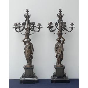 Large Pair Of Bronze Vestal Candelabra