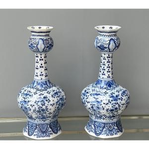 Delft Pair Of 19th Century Vases With Double Bulb In Blue Camaieu 