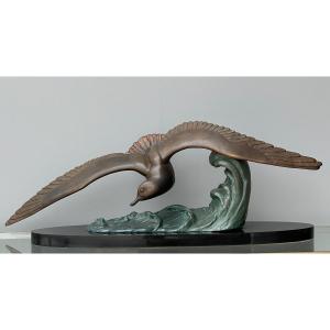 Marcel Leducq 1879-1955 Art-deco Sculpture Seagull Flying On The Waves
