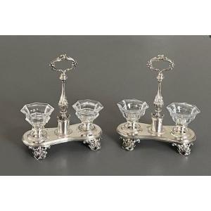 Pair Of Double Salt Cellars In Silver Metal And Baccarat Crystal By Orfèvre Truffaut
