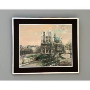 Large Oil On Canvas Notre Dame De Paris Signed 