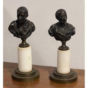 Pair Of Bronze Busts Representing Voltaire And Rousseau, 18th Century