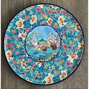 Large Longwy Enamel Dish With Stork Decor