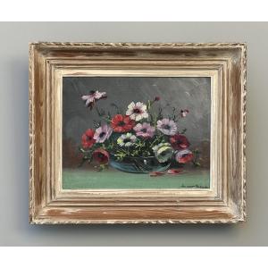 20th Century Painting Still Life With Anemones Oil / Canvas Signed