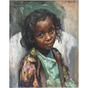 Painting By Raymond Tellier 1897-1985 Little Girl From Tananarive 1972