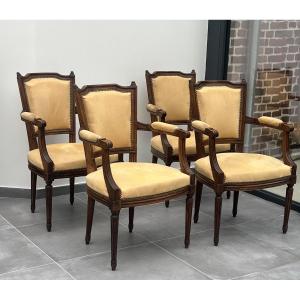 Set Of 4 Louis XVI Style Armchairs In Natural Wood