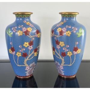 Pair Of China Cloisonné Vases Cherry Blossom Birds