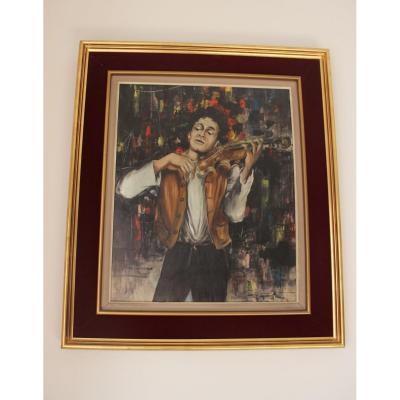 Painting Representing A Violinist In Paris Signed XXth Barn