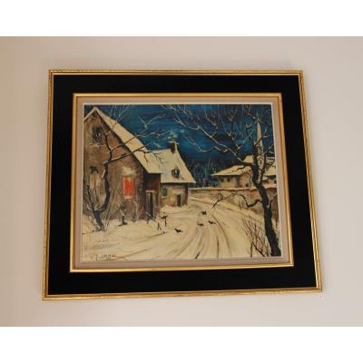 Painting Representative Houses Under The Snow Signed Barn XXth