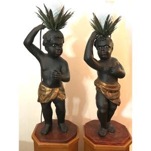 Rare Pair Of Nubian Light Holders, Venice, 18th Century