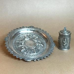 Pyxis And Small Tray Decorated With Deities, Solid Silver, East India, 19th Century