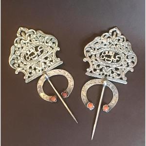 Pair Of Antique Silver Fibulae With Coral Cabochons, Tunisia, Late 19th Century