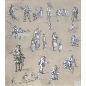 Studies Of Peasants, Pencil Drawing, Highlights In White Chalk, Eugène Lepoittevin (1806-1870)