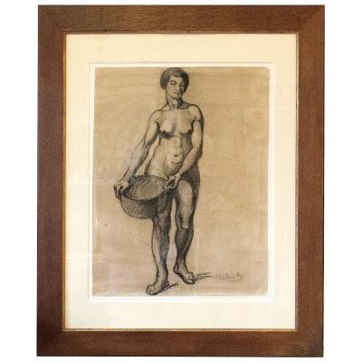 Gaston Balande (1880-1971), Study Of A Woman, Charcoal Drawing, 20th Century