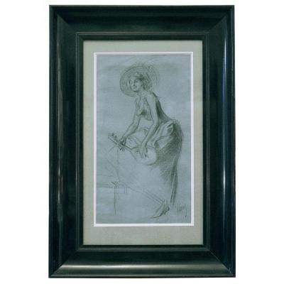 Jules Chéret (1836-1932), Woman Playing The Mandolin, Study In Black Chalk, C. 1895