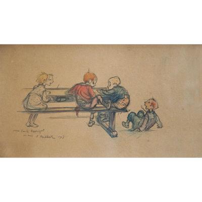 Francisque Poulbot (1879-1946), Original Drawing, Colored Pencils, Signed, Dedicated, Dated 1907