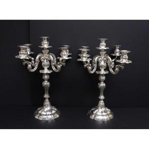 A Pair Of Early 20th Century Italian Rococo -style 800 Silver Five-light Candelabra