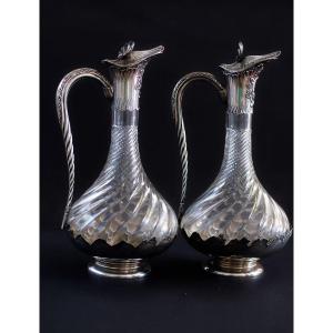 Pair Of High-quality Ewers/decanters In Solid Silver And Crystal, Dating From 1890
