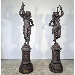 Pair Of 19th-century Cast Iron Statues Depicting A Nubian Couple