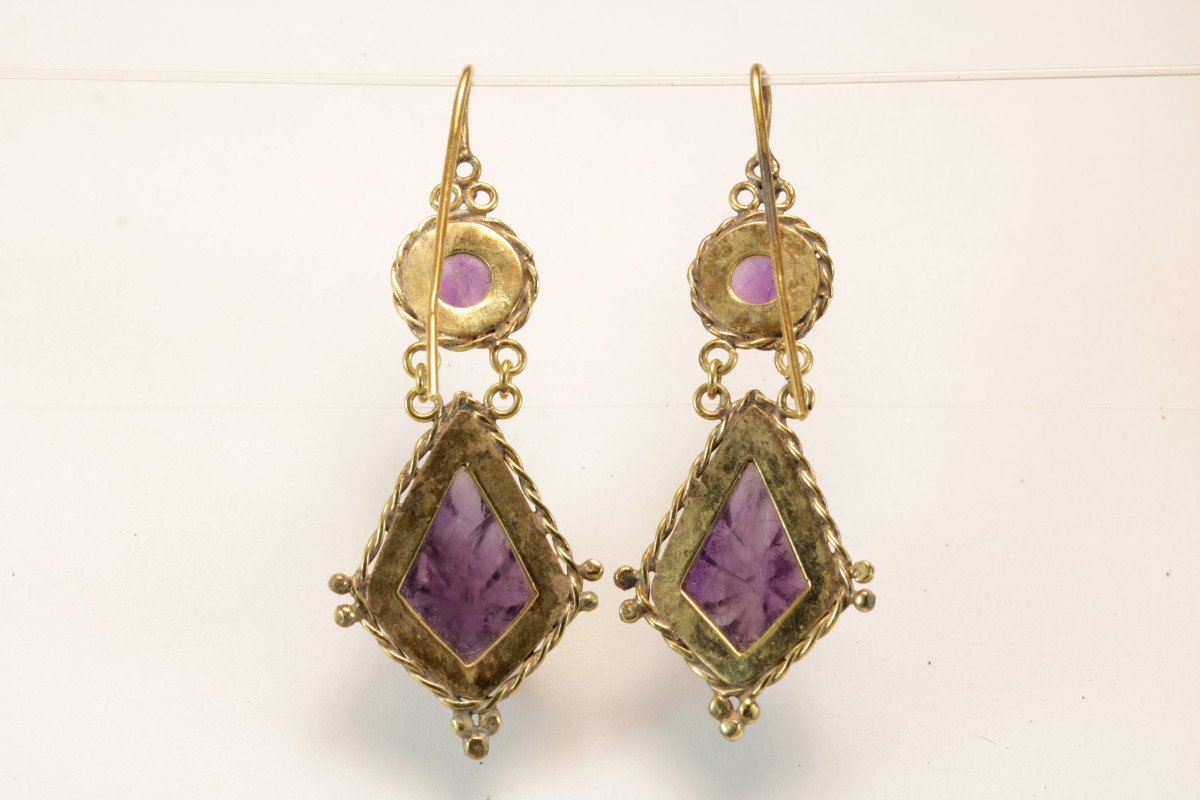 Orecchini A Triangolo In Ametista Naturale E Placcato Oro 18k, Design Moderno, Pietra Semipreziosa, Colore Viola