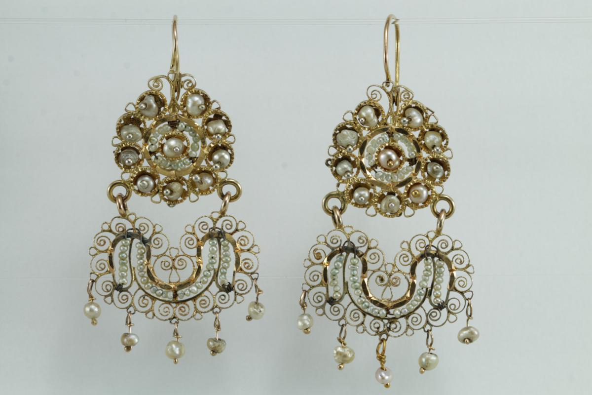 Boucles d'Oreilles Anciennes Or Filigrane Perles Fines