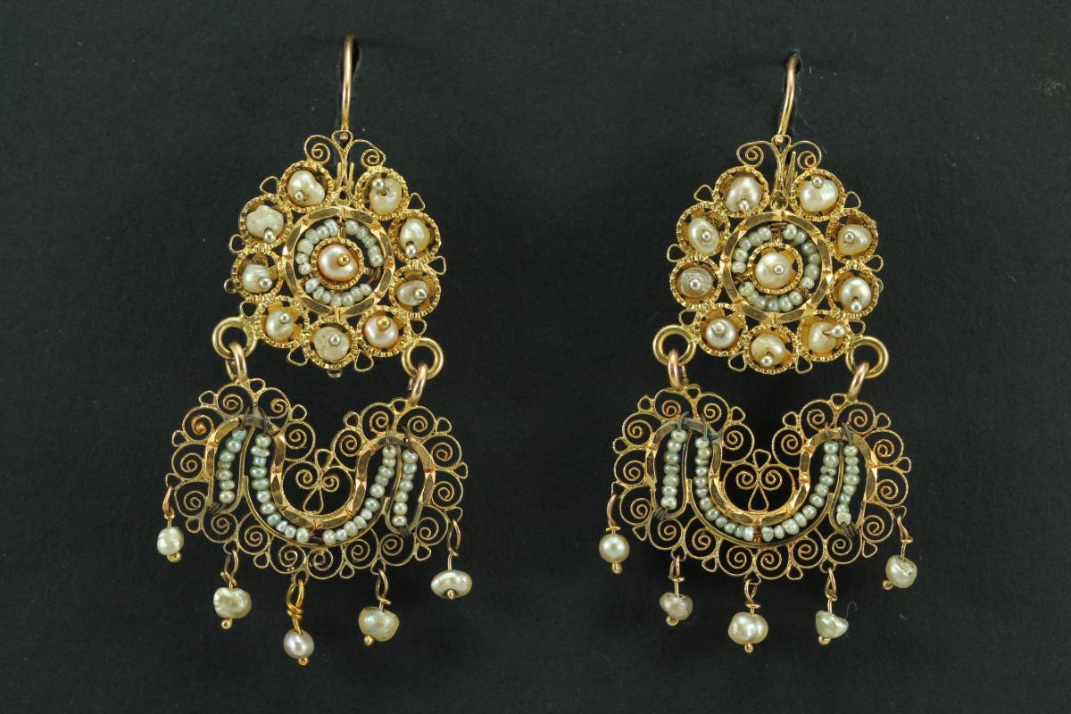 Boucles d'Oreilles Anciennes Or Filigrane Perles Fines-photo-2