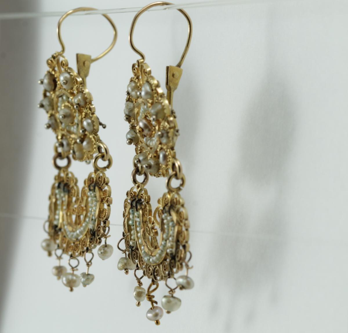 Boucles d'Oreilles Anciennes Or Filigrane Perles Fines-photo-1