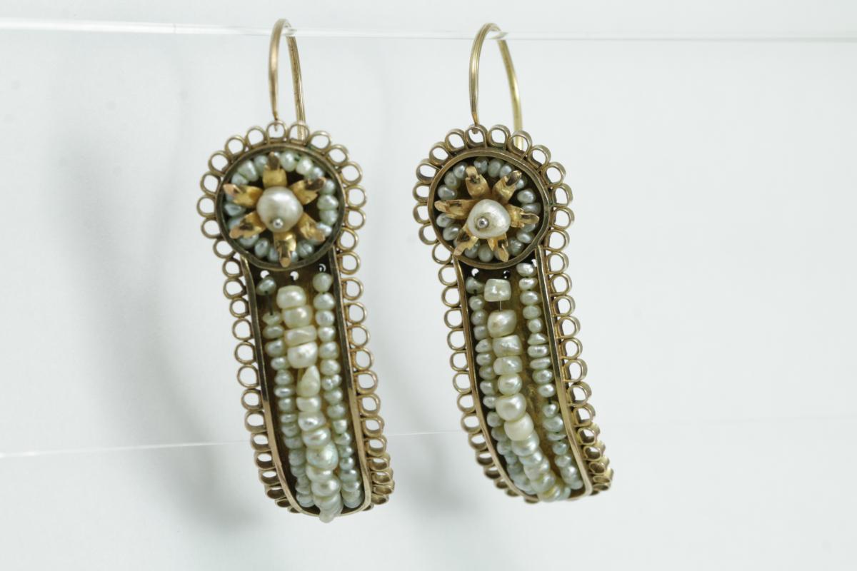 Boucles d'Oreilles Anciennes Or Perles Fines