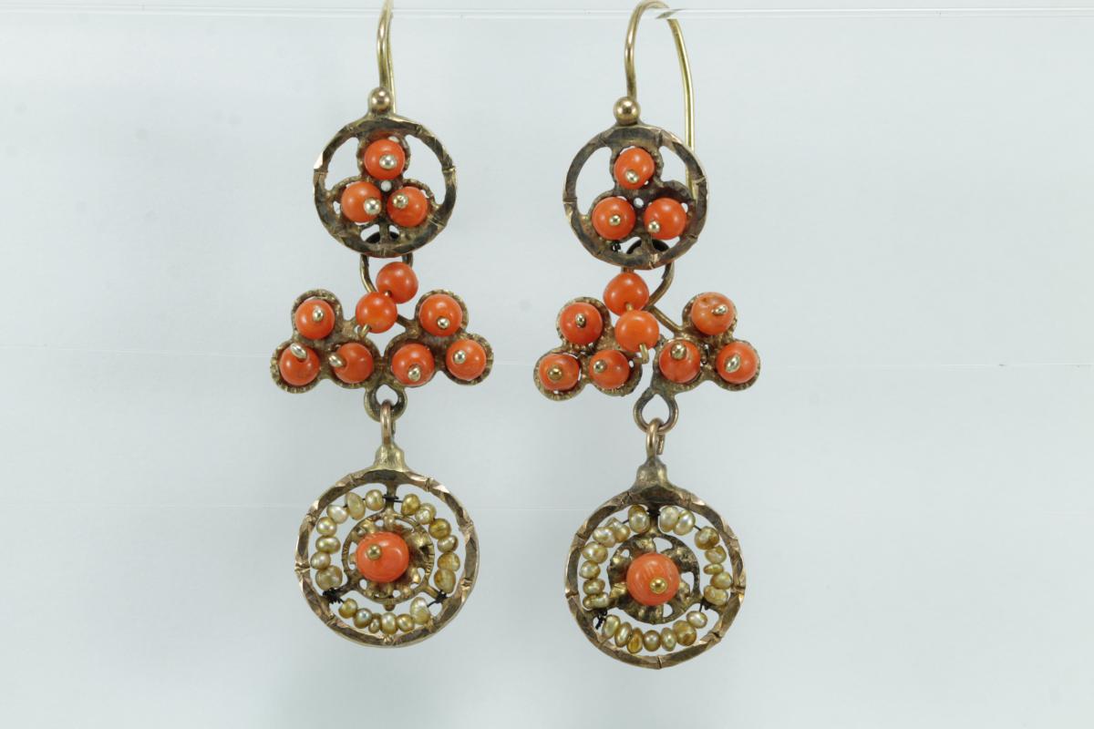 Boucles d'Oreilles Anciennes Or Corail Perles Fines