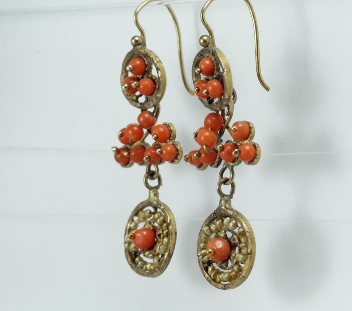 Boucles d'Oreilles Anciennes Or Corail Perles Fines-photo-2