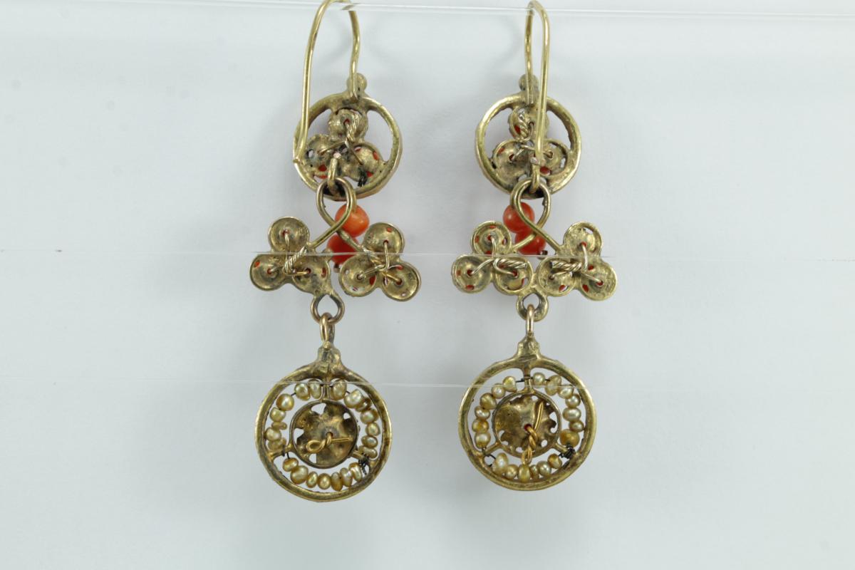 Boucles d'Oreilles Anciennes Or Corail Perles Fines-photo-1