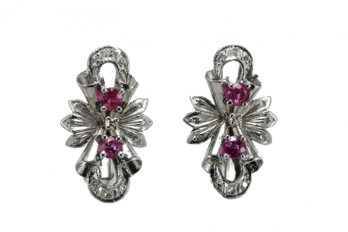 Boucles d'Oreilles Vintage Or Rubis Diamants