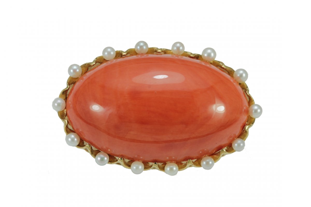 Broche Vintage Or Gros  Corail Rouge