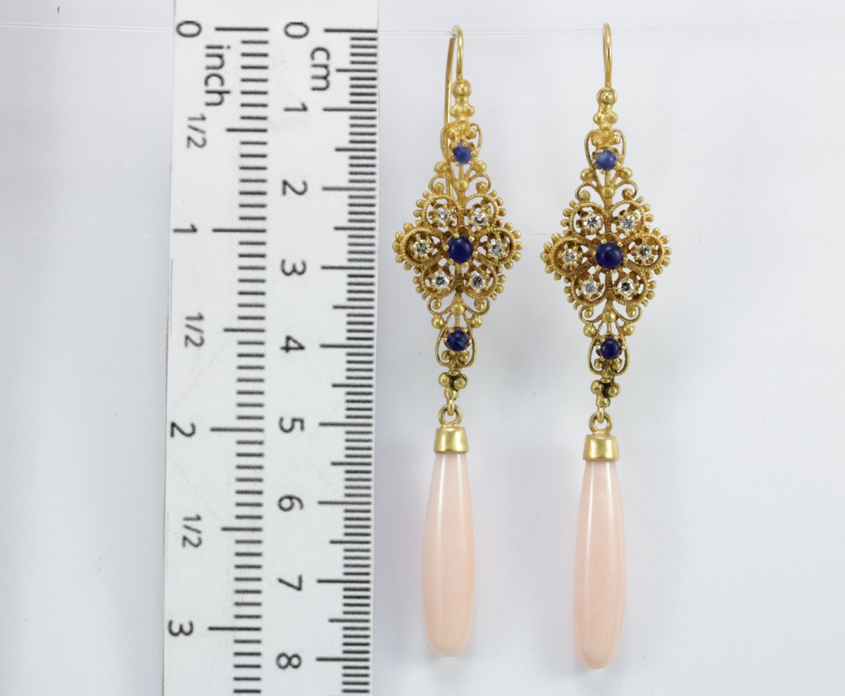 Boucles d'Oreilles Vintage Or  Corail Saphires Diamants-photo-2