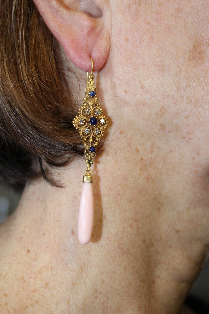 Boucles d'Oreilles Vintage Or  Corail Saphires Diamants-photo-3