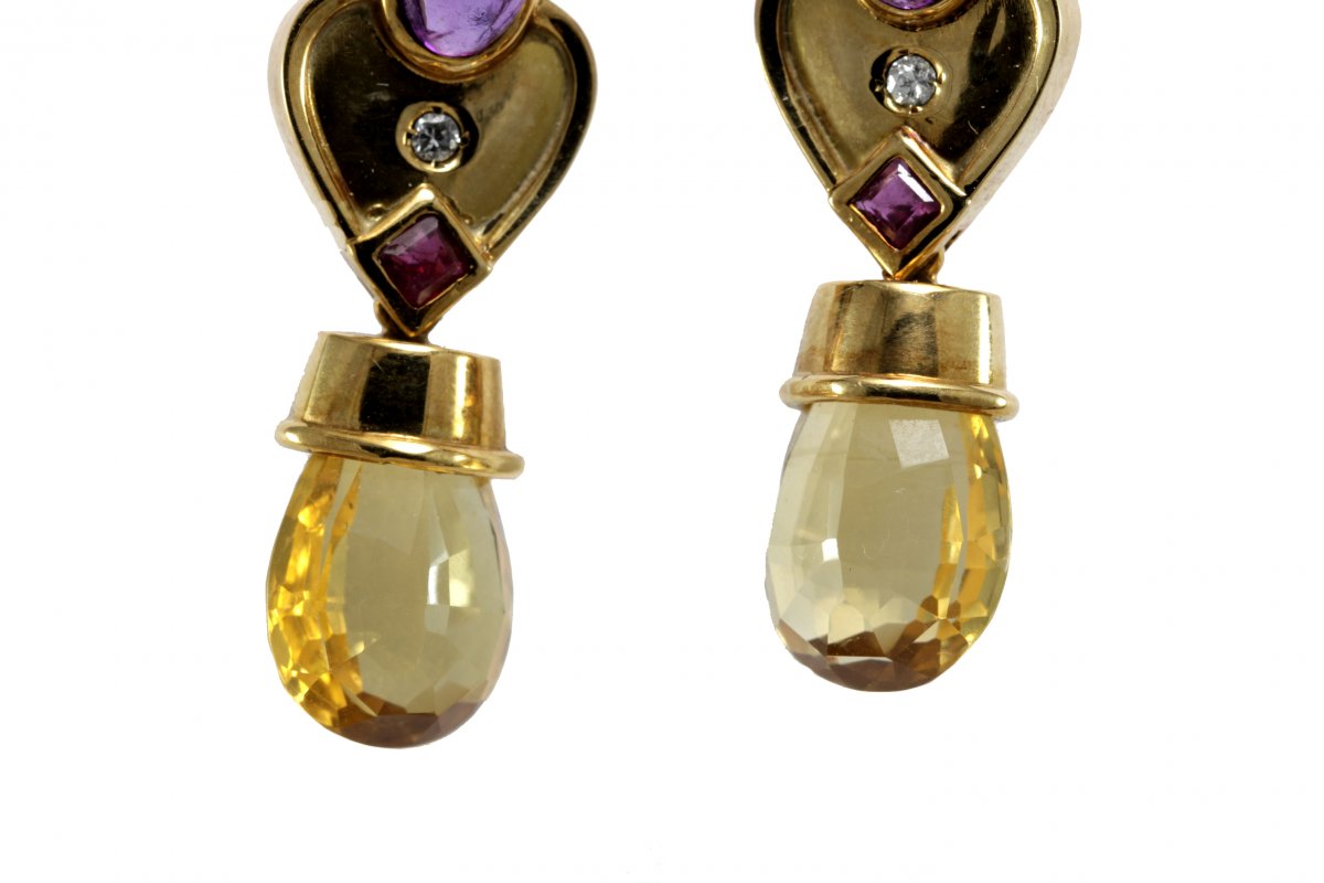 Boucles d'Oreilles Vintage Or Citrine Amethyste Diamants Rubis-photo-1