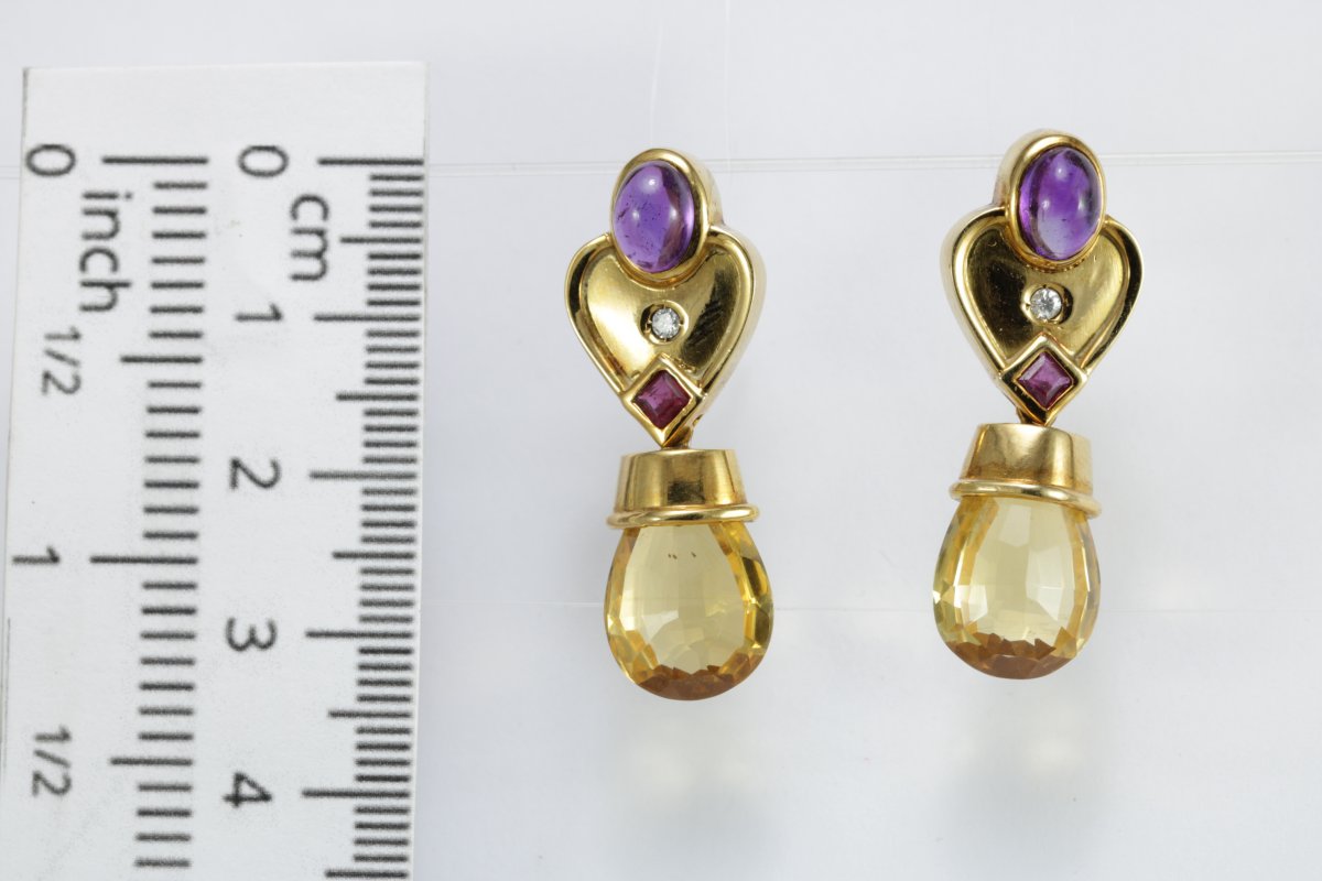 Boucles d'Oreilles Vintage Or Citrine Amethyste Diamants Rubis-photo-4