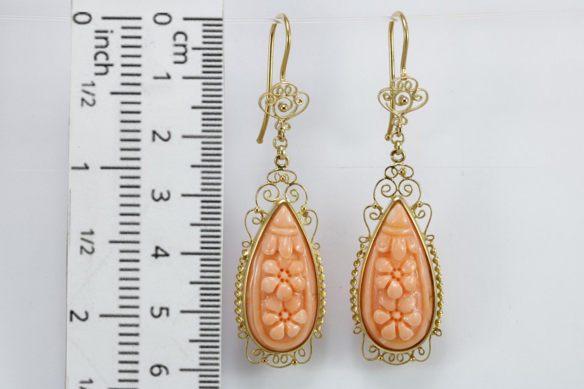 Boucles d'Oreilles Vintage Or Filigranee Corail-photo-3