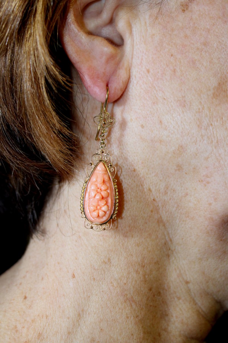 Boucles d'Oreilles Vintage Or Filigranee Corail-photo-4