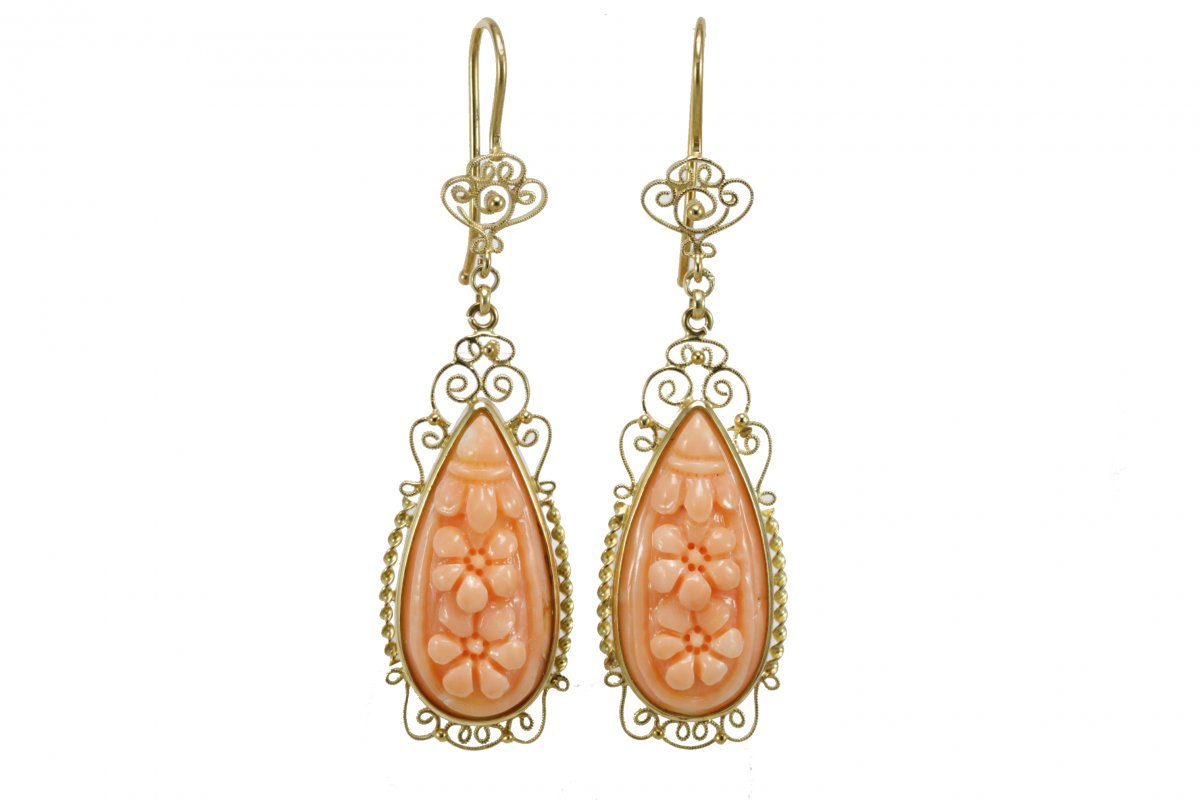 Boucles d'Oreilles Vintage Or Filigranee Corail