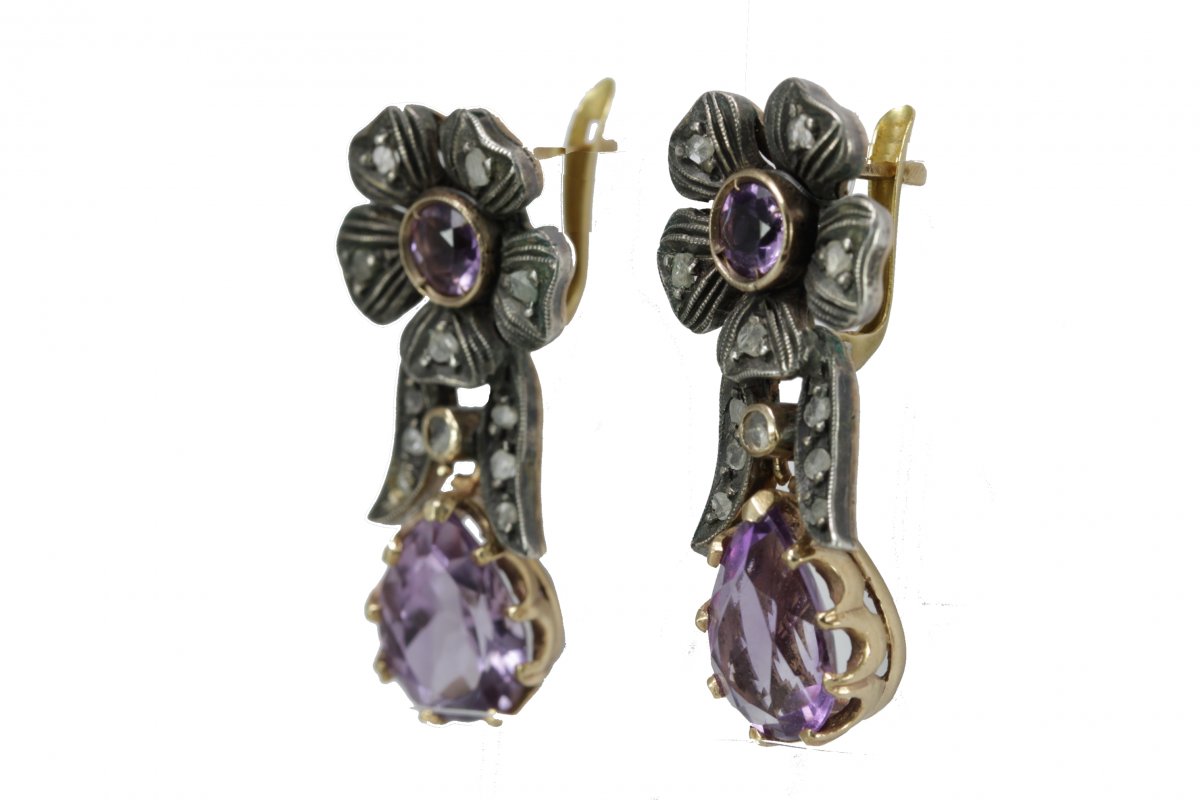 Boucles d'Oreilles Anciennes Or Amethyste Diamant-photo-2