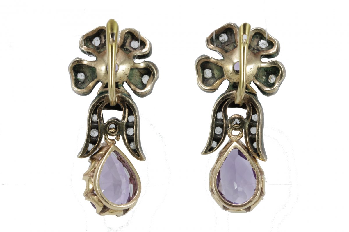 Boucles d'Oreilles Anciennes Or Amethyste Diamant-photo-1