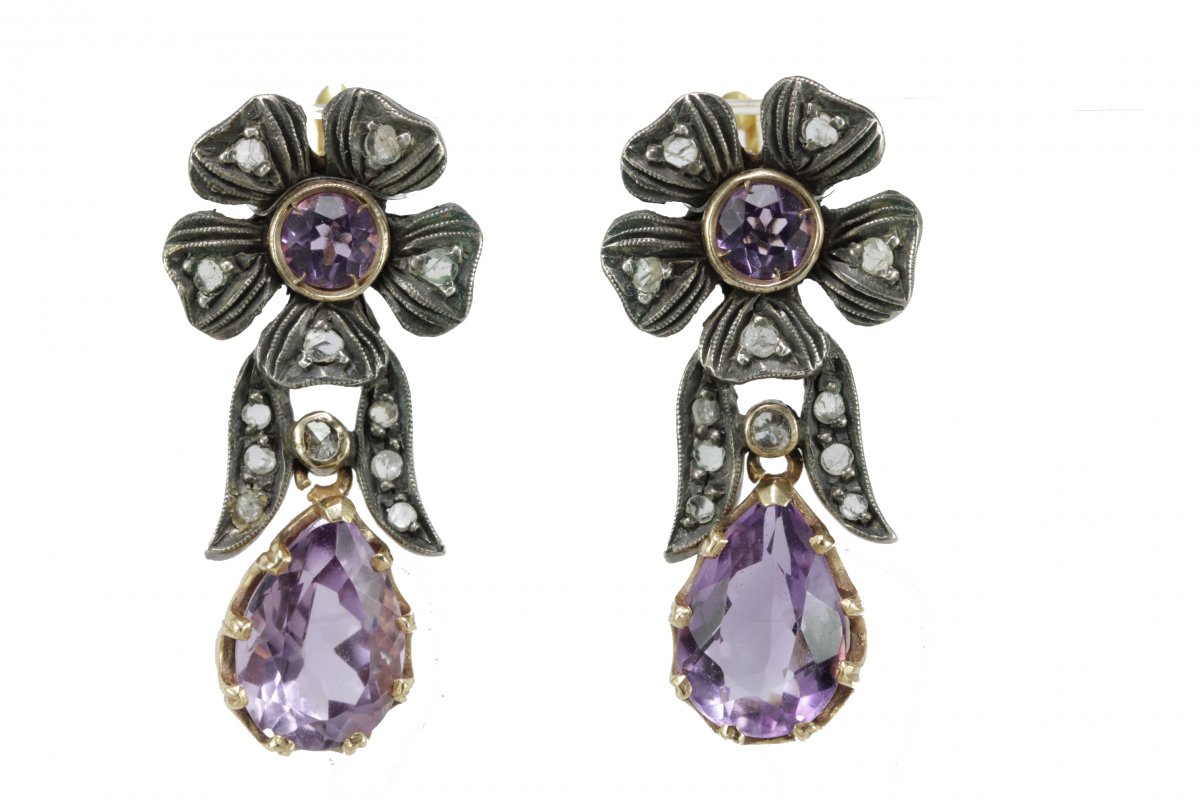 Boucles d'Oreilles Anciennes Or Amethyste Diamant